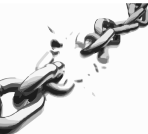 A steel chain breaking apart at a snapped link